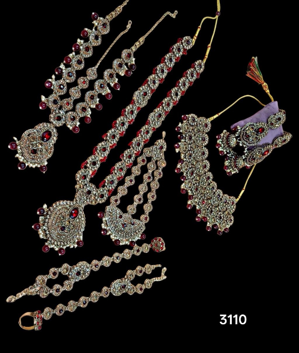 3110 Traditional Indian Jewelry Set - SA00826PB Elegant bridal set with green stones and intricate detailing